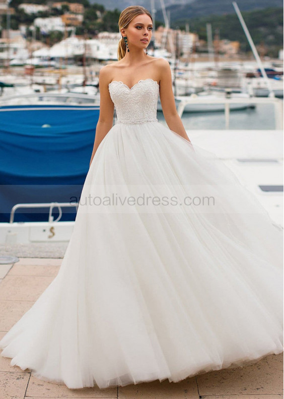 Strapless Sweetheart Neck Ivory Lace Tulle Pearls Wedding Dress